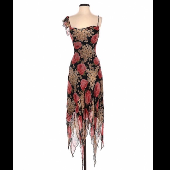 Vintage Dresses & Skirts - Vintage Betsey Johnson 90s 2000s 100% silk Floral Midi One shoulder Dress Boho